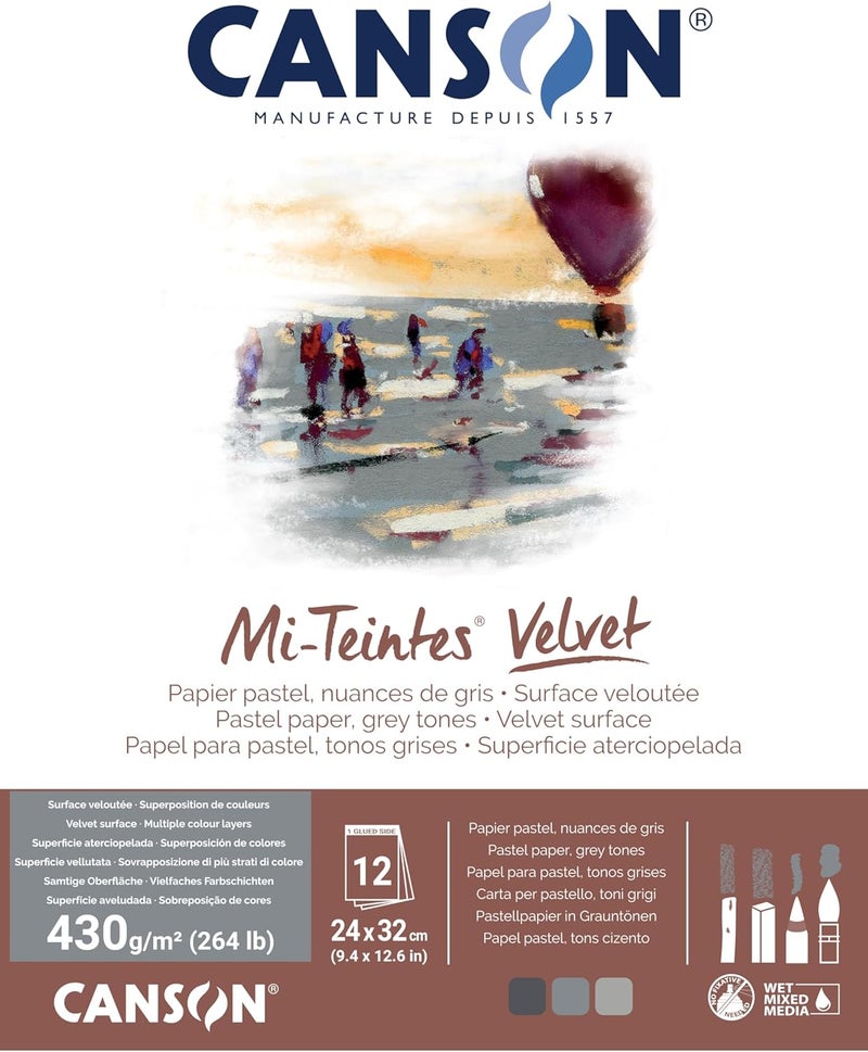 Mi-Teintes Velvet Drawing Paper Pad, Grey Tones, Assorted Colors, Glue Binding, (260lb/430g), 12 Sheet, 9.4x12.6 inch, 1 Count